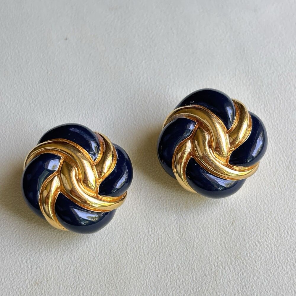 Vintage St John SJ Women’s Clip On Earrings Gold Plated Dark Blue Enamel